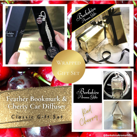 Feather Bookmark & Cherry Car Diffuser ~ Wrapped Classic Gift Set